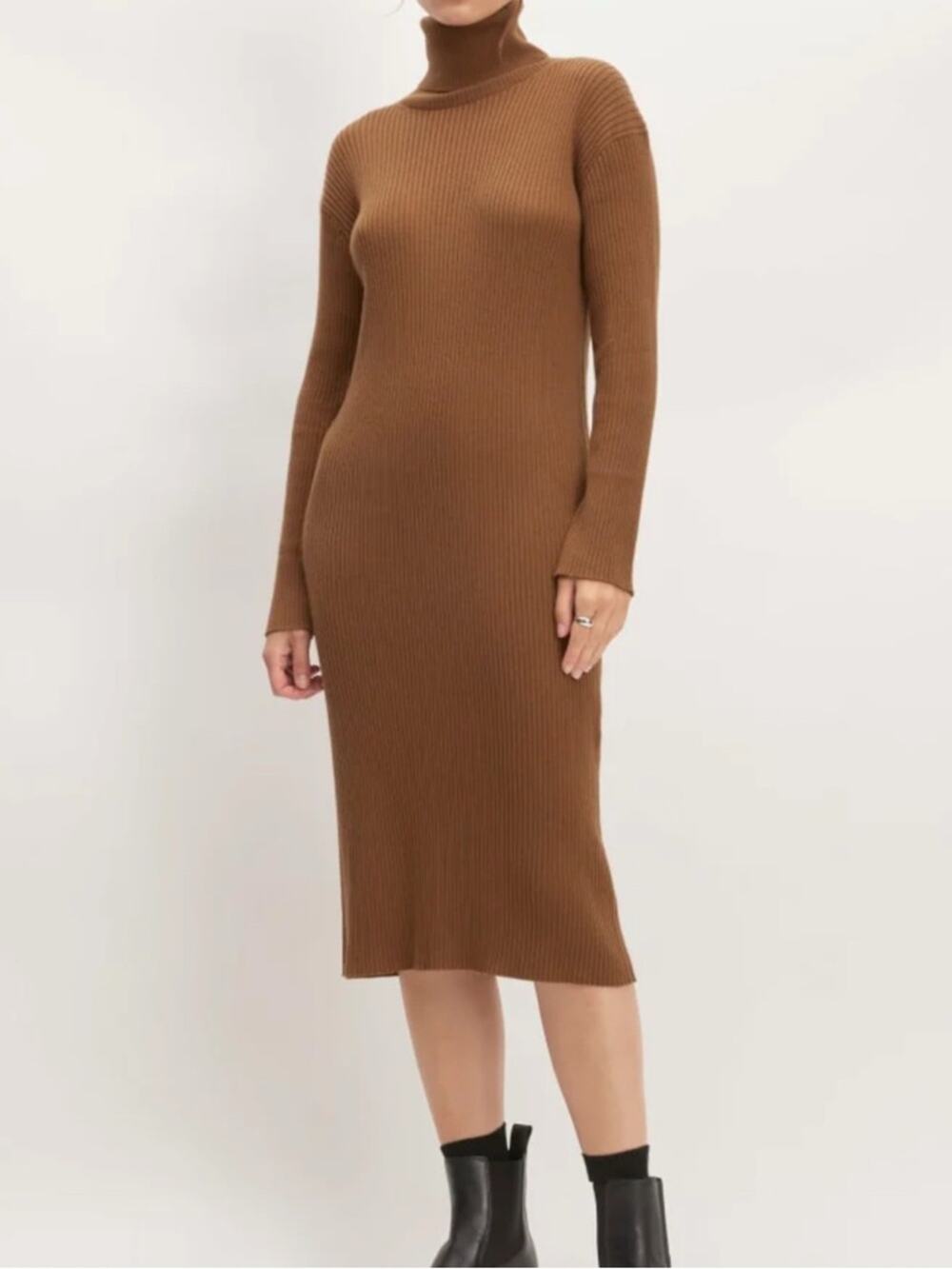 Everlane Cotton Merino Turtleneck Dress Camel Ribbed Midi Size XS